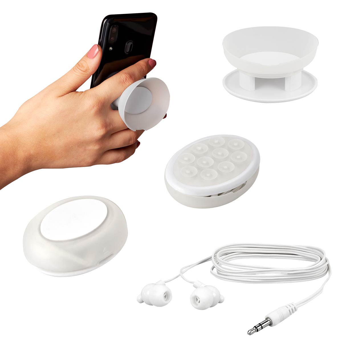 Audífonos Enrollables con Ventosa y Soporte para Smartphone
